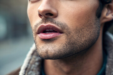 Obraz premium Close-up of a man's lips. Beautiful skin. Lipstick. Makeup. Cosmetics. Skincare. Men's cosmetics.