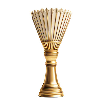 Front view of a gold badminton sport shuttlecock trophy isolated on a white background