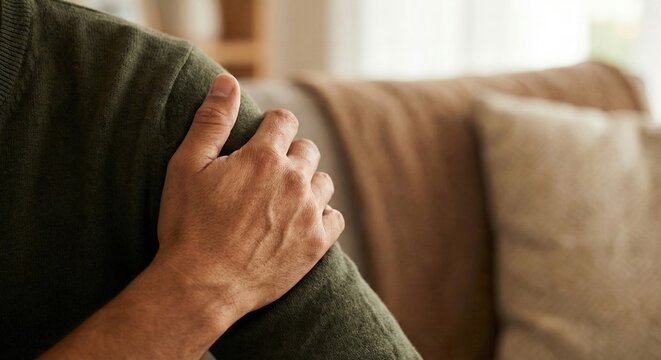 Man Holding Shoulder In Pain Suffering Discomfort From Injury Ache Aches Arthritic Pain Body Part Healthcare Medical Concept