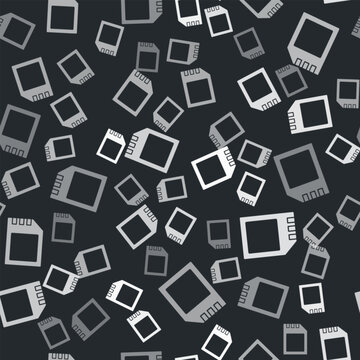 Grey SD card icon isolated seamless pattern on black background. Memory card. Adapter icon. Vector