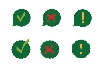 Right, wrong, tick, cross, checkmark, exclamation, question mark icons set in colorful outline and solid vector illustration.