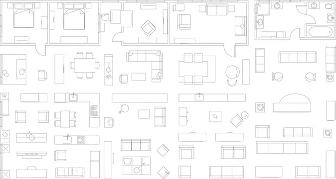 A collection of various architectural blueprint elements isolated on transparent background