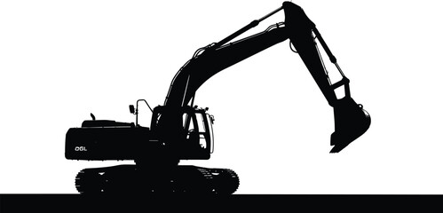 Excavator silhouette, construction machinery, heavy equipment design, industrial digger vector, hydraulic arm illustration, building site tool, flat vector illustration, mechanical engineering artwork © PORI 