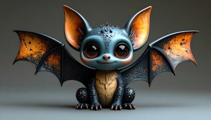 Adorable Cartoon Bat Creature with Big Eyes and Detailed Wings.