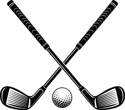 Golf clubs silhouette, crossed sports vector, golf ball design, athletic emblem illustration, recreational sport artwork, flat vector icon, golfing symbol