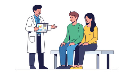 Medical Consultation: A healthcare professional presents information on a digital tablet to a couple, set in a clean and clinical environment.