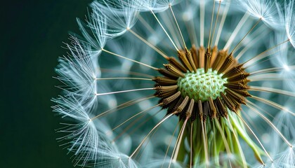 Macro close-up of a delicate dandelion seed head with fluffy seeds ready to disperse in the wind.
