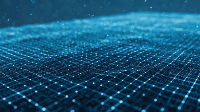 Blue glowing grid and dots on a dark background with a futuristic cyberpunk feel