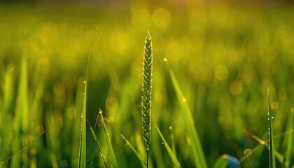 Golden Sunrise Illuminates Dew Drops on a Single Wheat Stalk in a Lush Green Field.