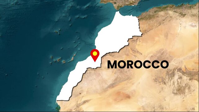 Morocco map highlighted on world map. Country location marker and geographic focus animation