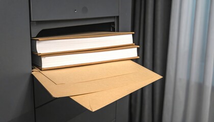 Two books and brown envelopes protruding from a dark slot.