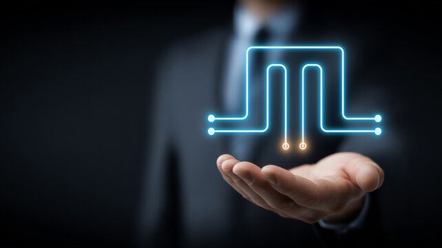 Hand holding a connected circuit path icon representing workflow automation system integration and data routing. Commercial.
