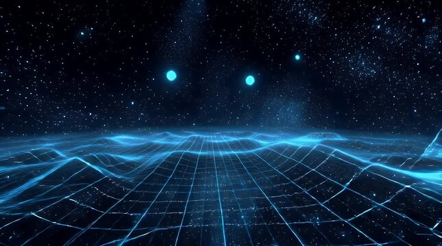 Sci-Fi Digital Space Animation with Blue Neon Grid and HUD Style