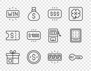 Set line Gift box, Old key, Money prize in casino, Coin money with dollar, Casino win, Slot machine jackpot and Lottery ticket icon. Vector