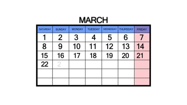 The calendar of March month 3th day is red circled, looped animation. A very important date in the calendar. Signing a day on a calendar. white background