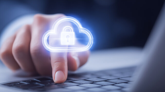 Hand pressing laptop keyboard with cloud padlock symbol representing secure data storage and privacy protection.
