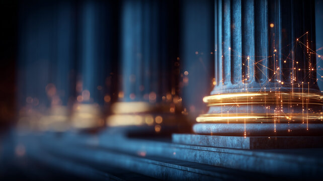 Courthouse columns with glowing data connections symbolizing legal analytics and technology driven governance.
