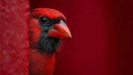 Fototapeta premium Red Cardinal Bird Peeking Out, Bright Plumage Close-Up Portrait