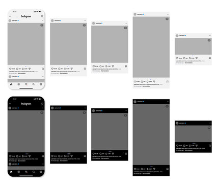 Instagram mobile app user interface vector template set. Collection of social media feed, post, and carousel screens in light and dark mode on iPhone display.
