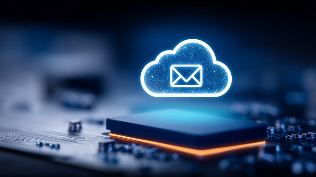 Cloud email symbol above microchip representing secure messaging and cloud computing services.
