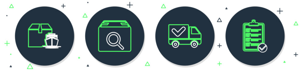 Set line Search package, Delivery truck with check mark, Cargo ship boxes and Verification of delivery list icon. Vector