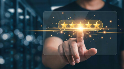 A finger pressing a glowing 5-star rating icon directly in front of the lens