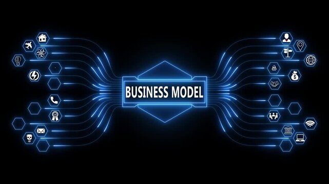 Business model network animation with glowing data connections and technology icons, digital enterprise strategy and value creation concept