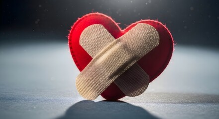 Emotional Healing Recovery: Red fabric heart with adhesive bandage cross, dark textured background, mental health support, cardiology medicine, love and forgiveness concept
