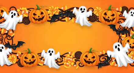 Obraz premium Halloween themed border with ghosts pumpkins and bats