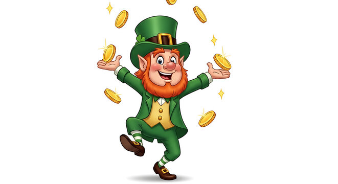 Lucky leprechaun dancing with gold coins in air