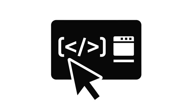 Black icon depicting a computer screen with code and a cursor