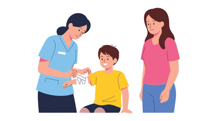 Fototapeta premium Supportive medical moment: A caring doctor examines a young patient, a mother watches supportively, creating a heartening scene of healing and compassion. 