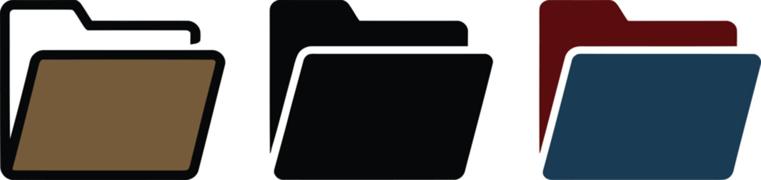 Three different styles of open document folders displayed side by side isolated on transparent background