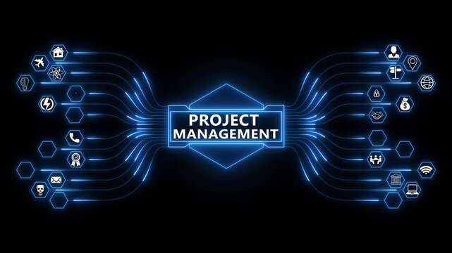 Project management network animation with glowing data connections and technology icons, digital planning workflow and execution strategy concept