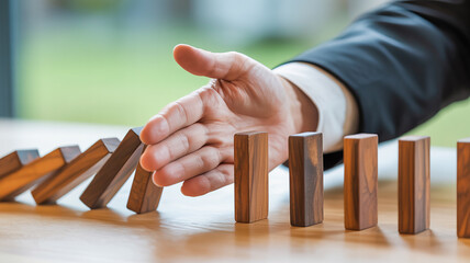 Businessman's hand intervening to stop a row of falling wooden dominoes strategy risk
