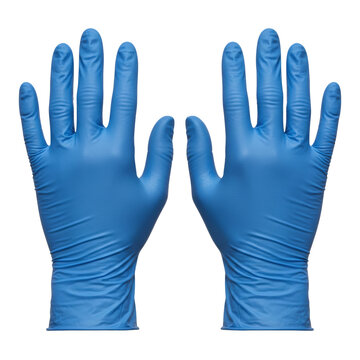 Pair of blue nitrile medical exam gloves on transparent background