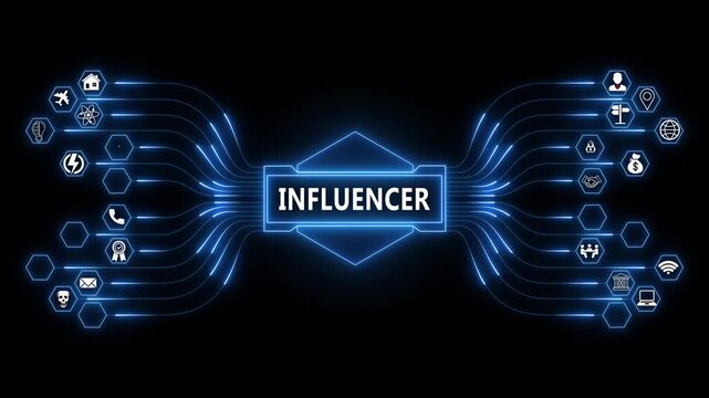 Influencer network animation with glowing data connections and technology icons, digital influence marketing and audience engagement concept