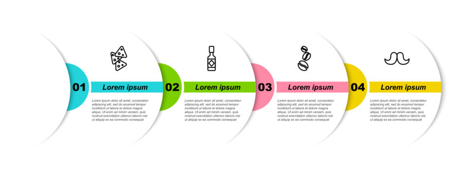Set line Nachos, Tabasco sauce, Coffee beans and Mustache. Business infographic template. Vector