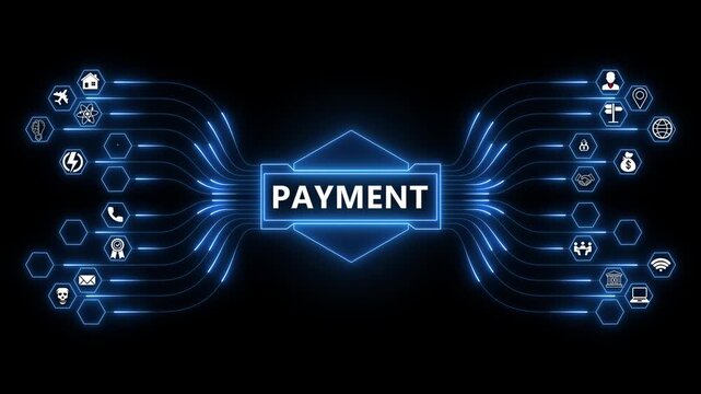 Digital payment network animation with glowing data connections and technology icons, online transaction processing and financial system concept