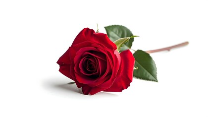 A solitary, vibrant red rose, captured in a studio setting against a clean white background, symbolizing love and romance