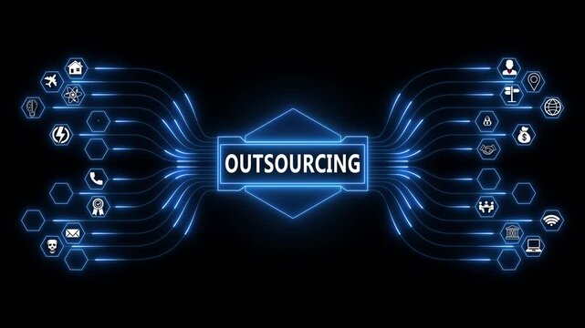 Outsourcing network animation with glowing data connections and technology icons, digital business services and external collaboration concept