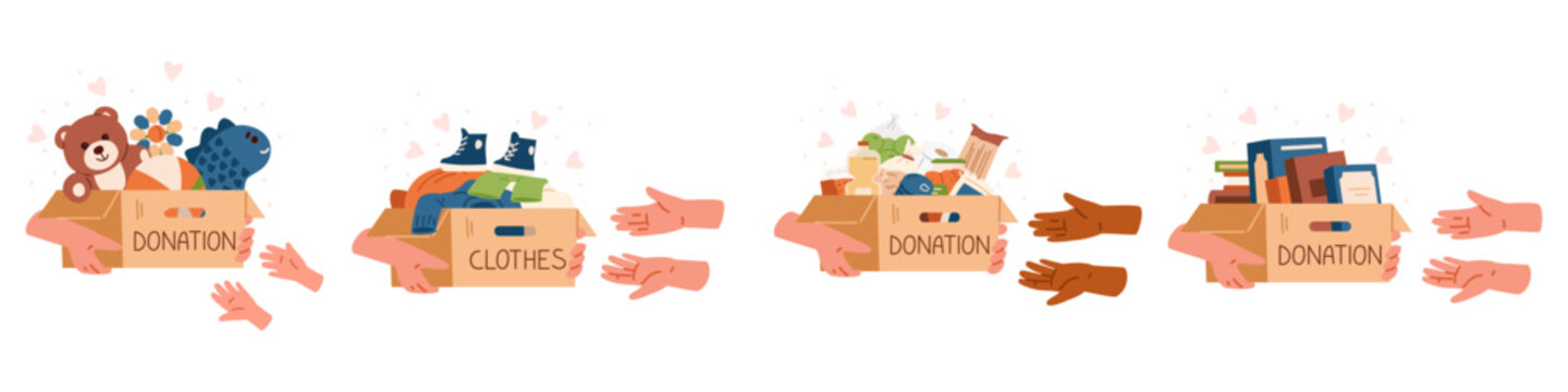 Hands giving boxes with donations toys, clothes, food, books to hands flat vector illustrations set. Charity and donation concepts.