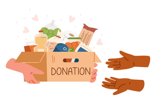 Hands giving donation box with groceries and boots to African American  hands flat vector illustration. Charity and donation concept.