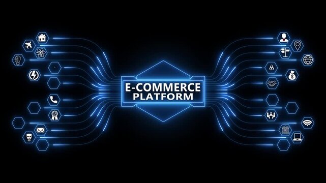 Online commerce network animation showing e-commerce platform with glowing data connections and technology icons, digital marketplace system concept