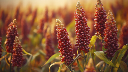 Vibrant Red Sorghum Stalks in a Lush Agricultural Field at Sunrise
