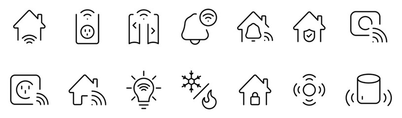 Naklejka na ściany i meble Smart home line icon set، smart house automation with wifi controls, lighting, security, sensors, energy, climate and connected device controls. editable stroke thin line app web icon set. collection