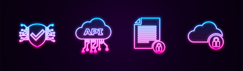 Set line Cyber security, Cloud api interface, Document and lock and computing. Glowing neon icon. Vector