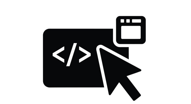 Coding interface icon a card with code brackets and a cursor symbol