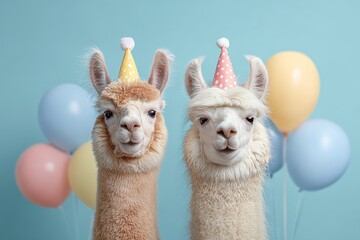 Naklejka premium A cheerful portrait of festive llamas wearing vibrant, colorful party hats and surrounded by bright balloons.