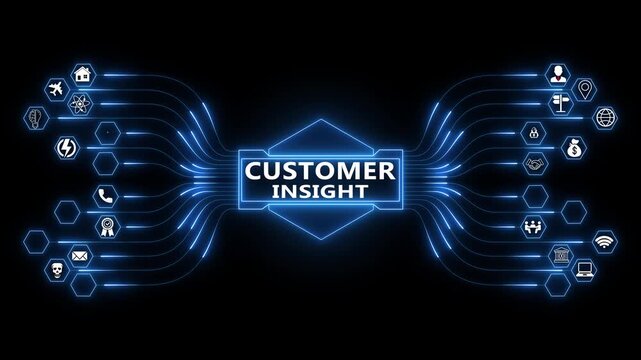 Data driven network animation revealing customer insight with glowing connections and technology icons, digital analytics and behavior analysis concept